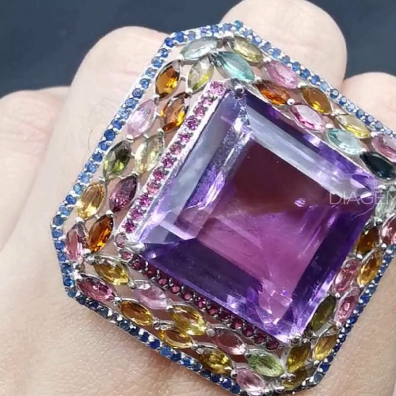 Big Amethyst Power Ring with Tourmaline - natural amethyst in S925 silver.