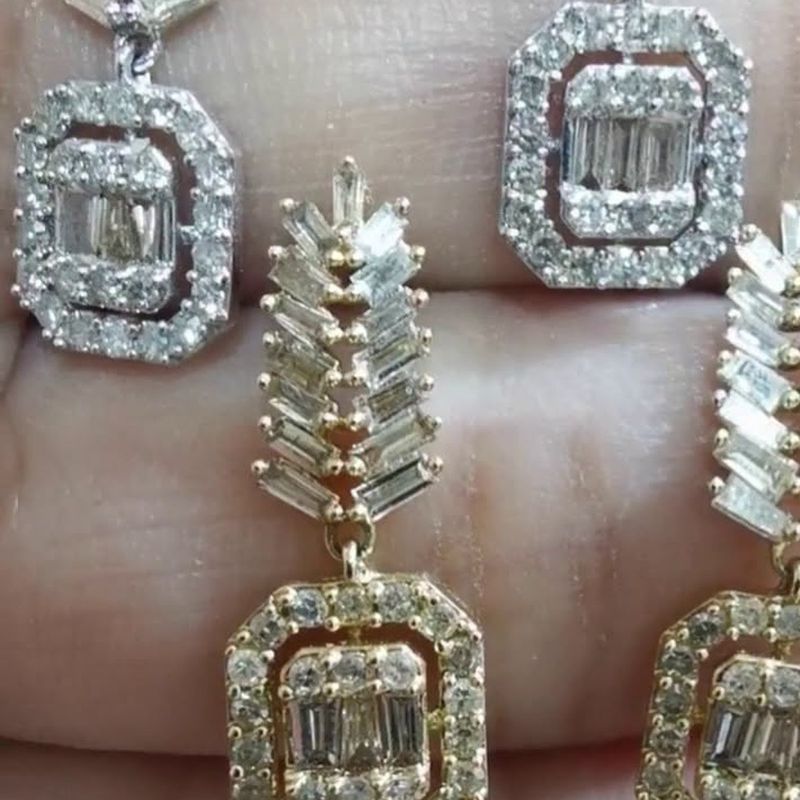 Feather Baguette Dangling Earrings - natural diamonds in 18K Japan gold.