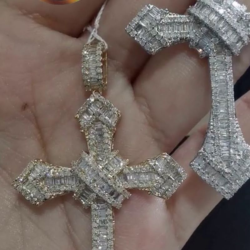Heavy Big Baguette Cross Pendant - natural diamonds in 18K Japan gold.