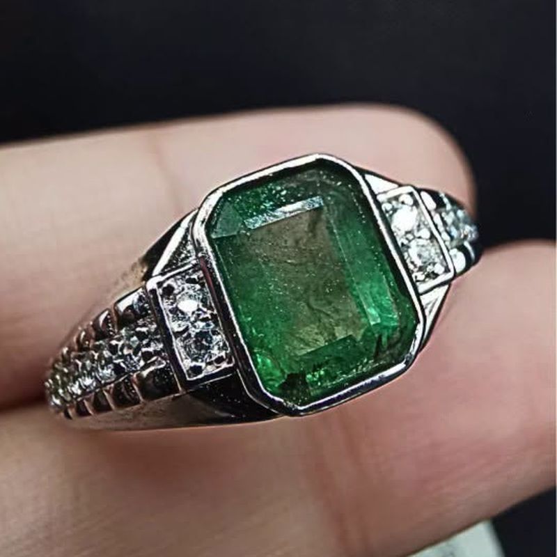 Square Cut Band Emerald Ring - natural emerald in S925 silver.